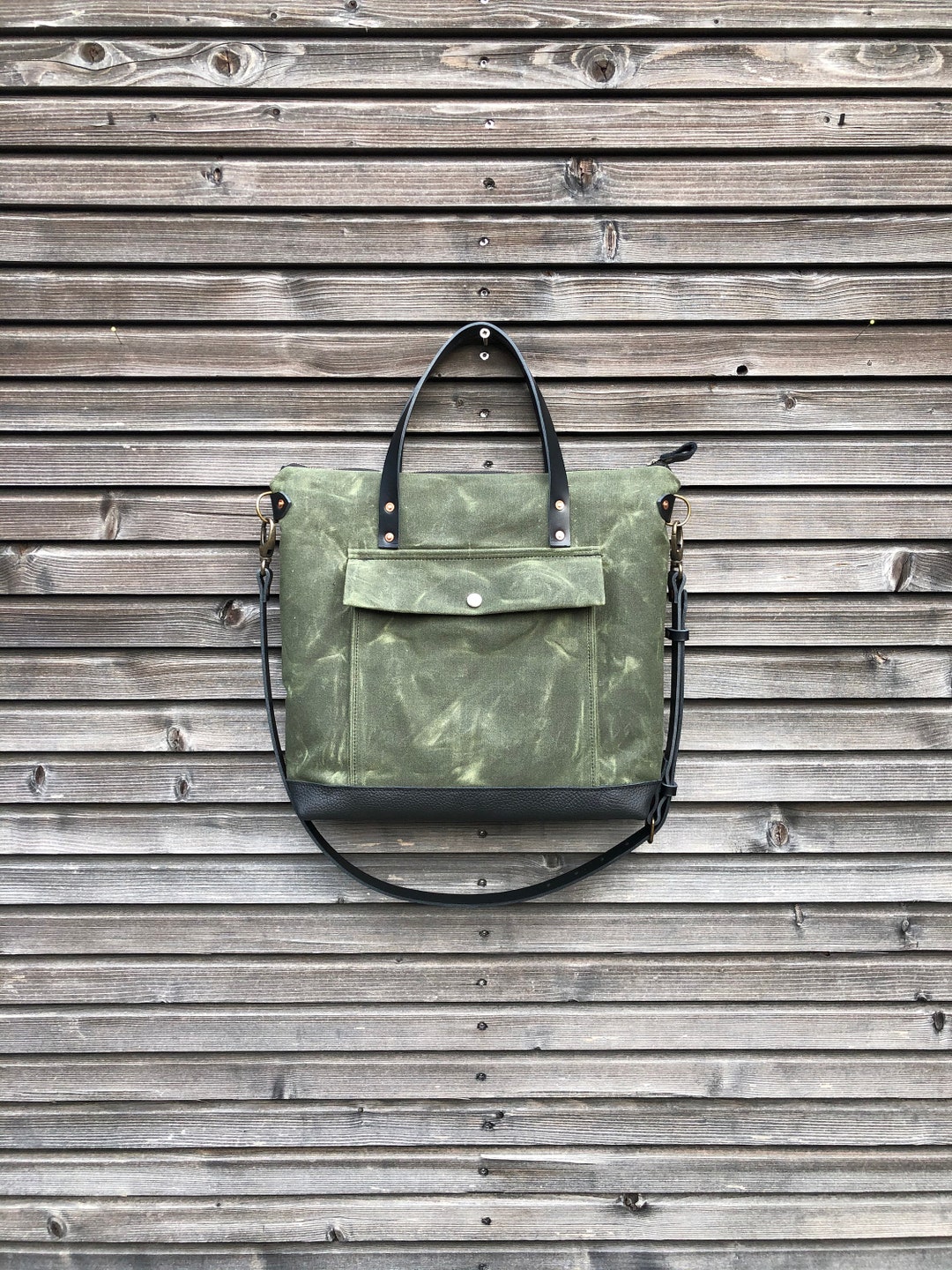 Briefcase in Waxed Canvas With Outside Pocket Wax Canvas Etsy