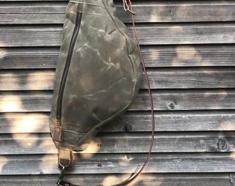 XL Fanny Pack in waxed canvas Sling Bag: Leather Strap Chest Bag