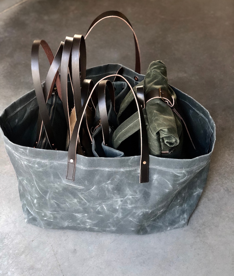 XXL waxed canvas tote bag with leather handles / canvas Etsy