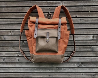 dry waxed canvas backpack /hipster backpack with roll up top and double bottle pocket