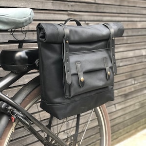 Black motorcycle bag in waxed canvas leather Motorbike bag Saddle bag Bicycle bag in waxed canvas and leather Bike accessories image 5