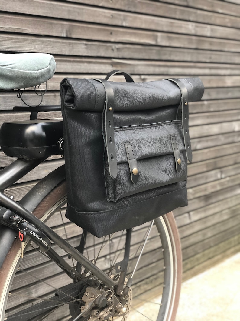 Black motorcycle bag in waxed canvas leather Motorbike bag Saddle bag Bicycle bag in waxed canvas and leather Bike accessories image 5