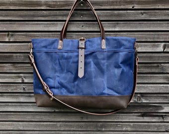 XL tote bag  made in waxed canvas  with leather handles and shoulder strap