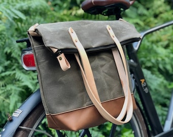 Waterproof bicycle pannier tote bag in waxed canvas with zipper closure and cross body strap  bike accessories