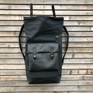 Black waxed canvas rucksack/backpack with roll top and leather bottem COLLECTION UNISEX image 3