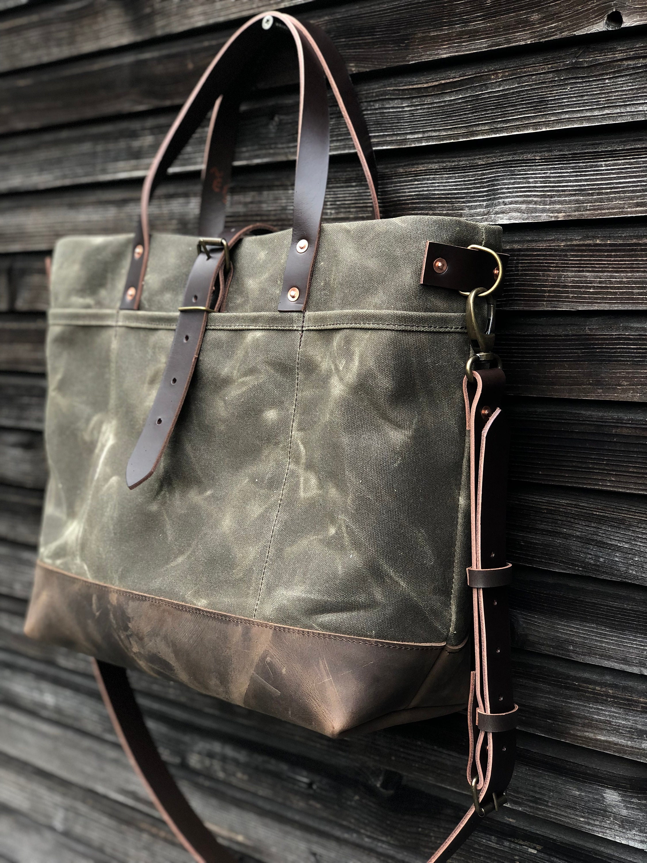 Leather Trim Canvas Medium Shopper Tote トート バッグ Tote Bag in Waxed Canvas With Leather Bottom and Cross Body