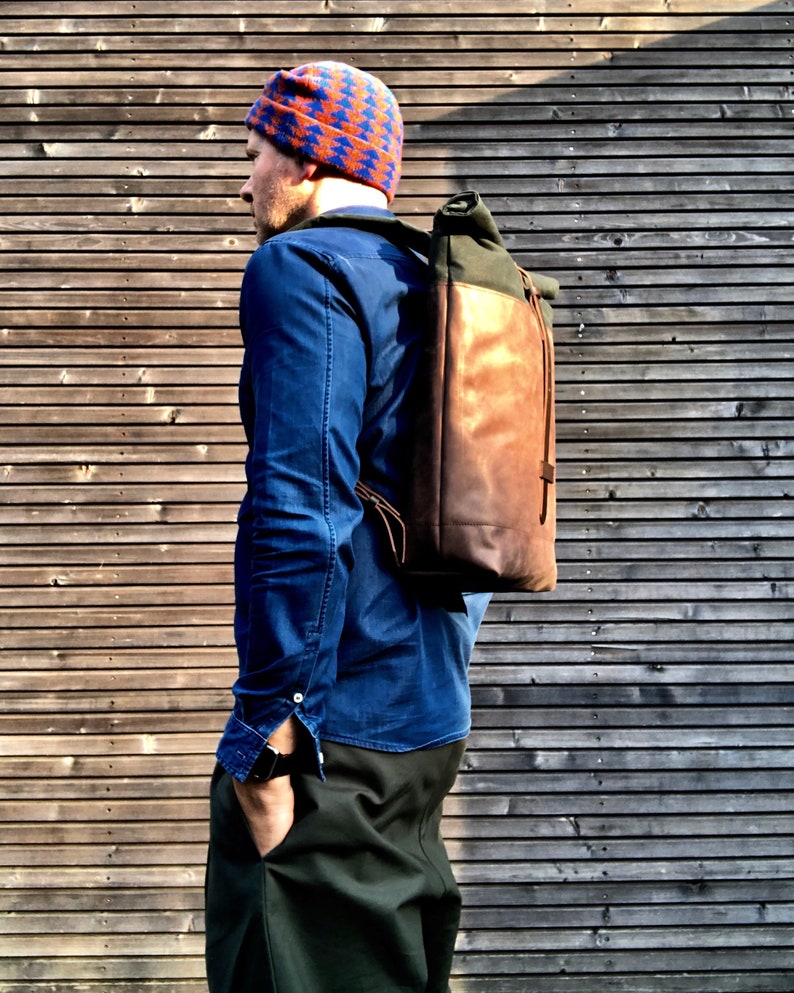 Wax Canvas Leather Backpack Rucksack With Roll to Close Top Etsy