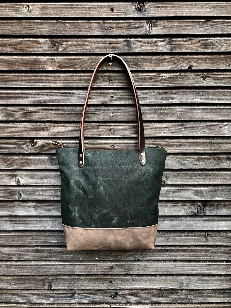 Waxed Canvas Tote Bag With Leather Handles and Zipper Closure Etsy
