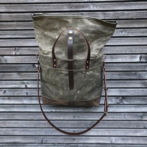 Waxed canvas roll top tote bag / office bag with luggage handle attachment leather handles and shoulder strap image 7