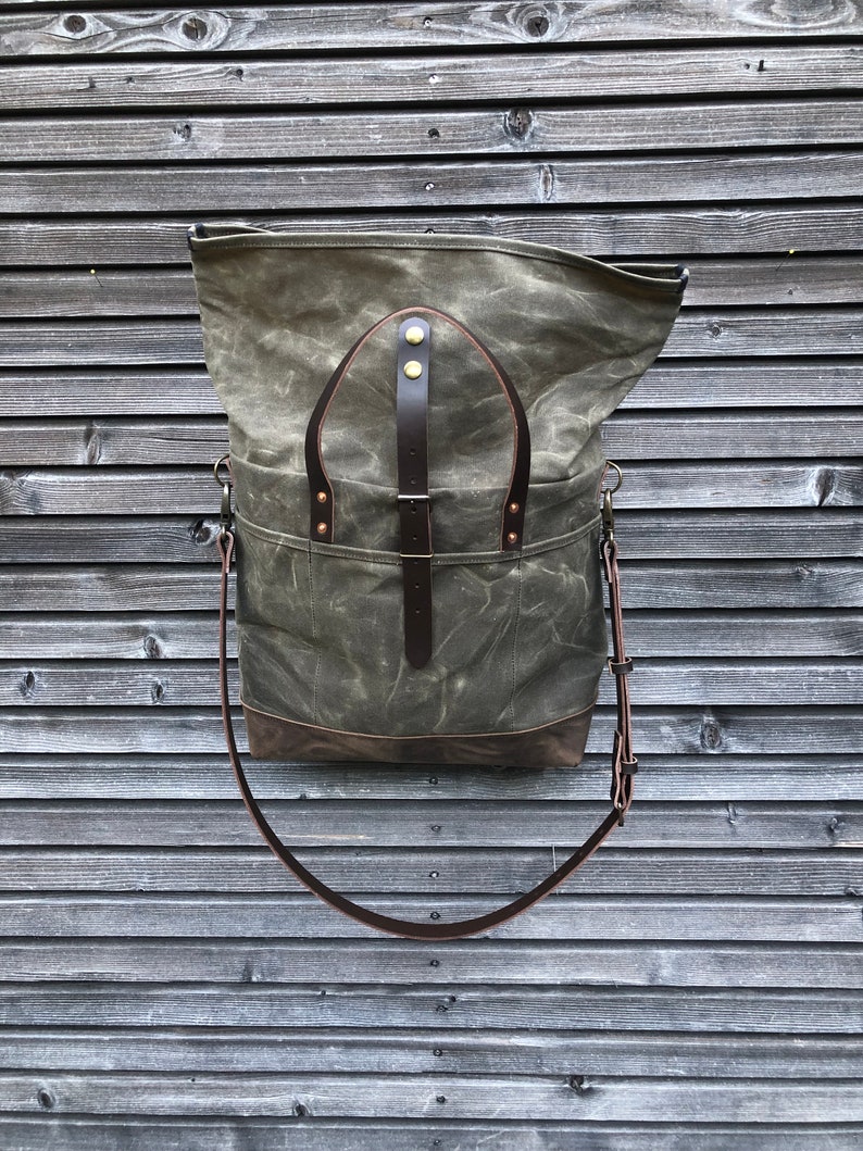 Waxed canvas roll top tote bag / office bag with luggage handle attachment leather handles and shoulder strap image 7