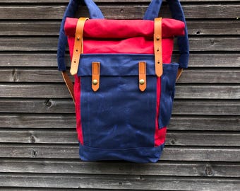 Red Waxed Canvas Roll Top Backpack: Medium Leather Rucksack