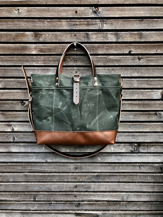 Waxed Canvas Tote Bag With Leather Handles And Shoulder Strap - Canvas Tote With Leather Handles Waxed Canvas Tote Bag With Leather Handles And Shoulder Strap - Canvas Tote With Leather Handles