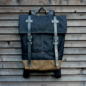 Waxed canvas rucksack/backpack with folded top and double waxed bottom UNISEX medium size