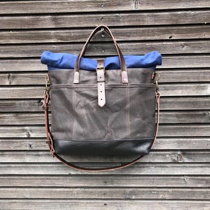 Waxed Canvas Roll Top Tote Bag: Leather Handles, Luggage Attachment