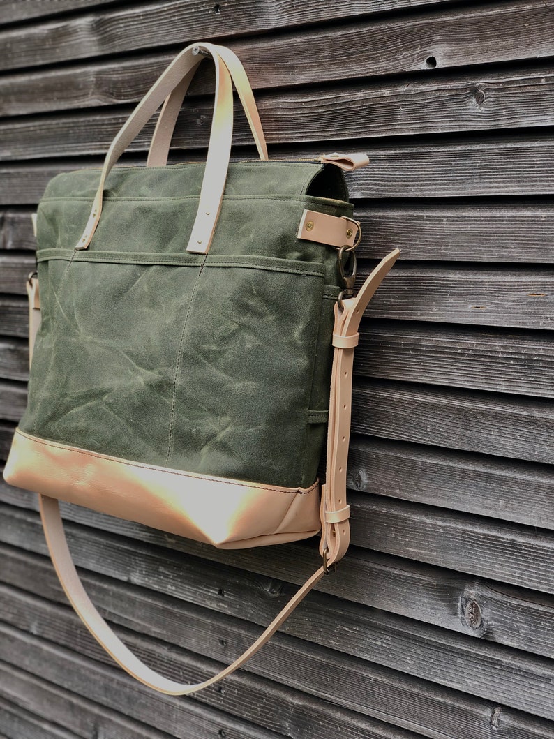 Olive Green Waxed Canvas Tote Bag / Office Bag With Luggage - Etsy