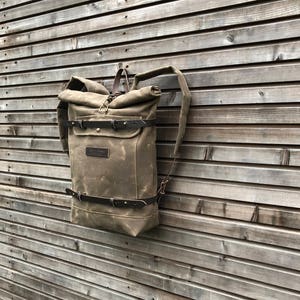 Waxed canvas backpack rucksack with folded top and waxed canvas padded shoulder straps image 3