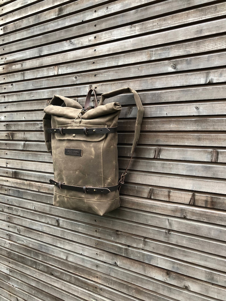 Waxed canvas backpack rucksack with folded top and waxed canvas padded shoulder straps image 3