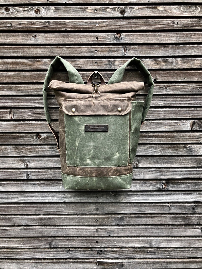 Waxed canvas rucksack / waterproof backpack with roll up top and double waxed bottem COLLECTION UNISEX image 2