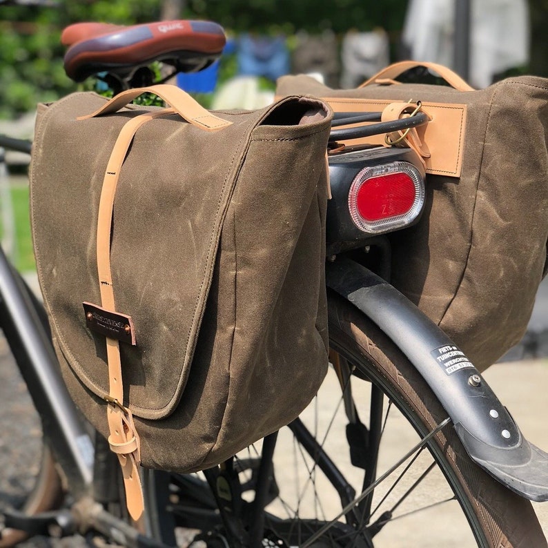 Waxed canvas pannier / bicycle bag with flap, bike accessories image 1