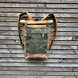 Waxed canvas leather Backpack medium size / Commuter backpack /  Hipster Backpack with roll top and leather bottom