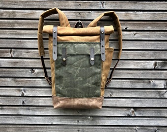 Waxed canvas leather Backpack medium size / Commuter backpack /  Hipster Backpack with roll top and leather bottom