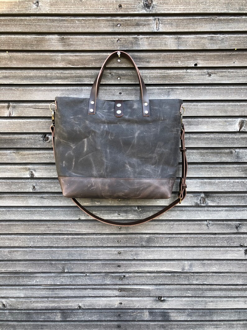 Waxed Canvas Tote Bag With Leather Handles and Shoulder Strap - Etsy