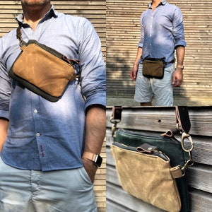 Waxed canvas fanny pack / belt bag / small messenger bag/ kangaroo bag with leather shoulder strap