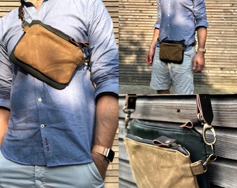 Waxed canvas fanny pack / belt bag / small messenger bag/ kangaroo bag with leather shoulder strap