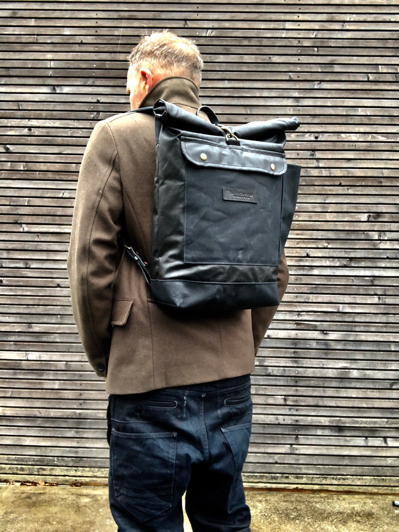 Black Waxed Canvas Rucksack / Waterproof Backpack With Roll up Etsy