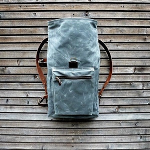Waxed canvas backpack with roll to close top and vegetable tanned leather shoulderstraps image 5