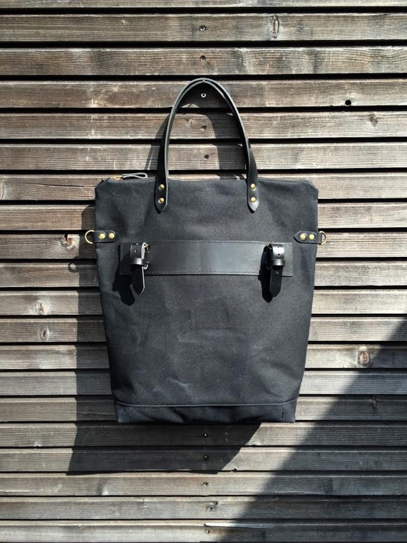 Black bike pannier tote bag in waxed canvas with zipper Etsy