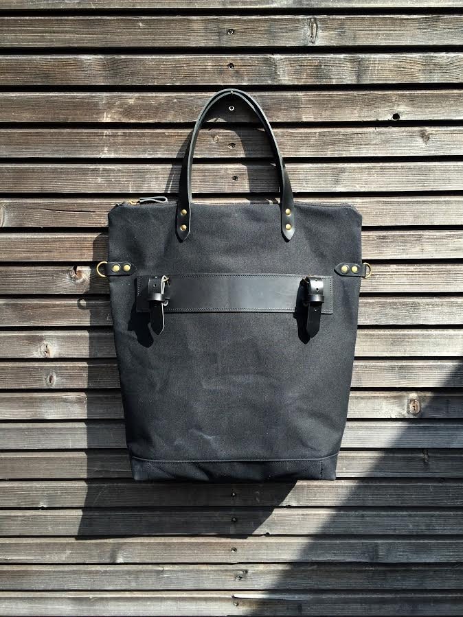 Black Bike Pannier Tote Bag in Waxed Canvas With Zipper
