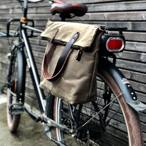 Waterproof bicycle pannier in waxed canvas with zipper closure and cross body strap bike accessories image 1