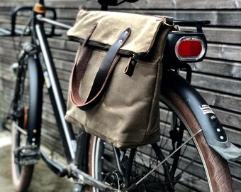 Waterproof bicycle pannier in waxed canvas with zipper closure and cross body strap  bike accessories