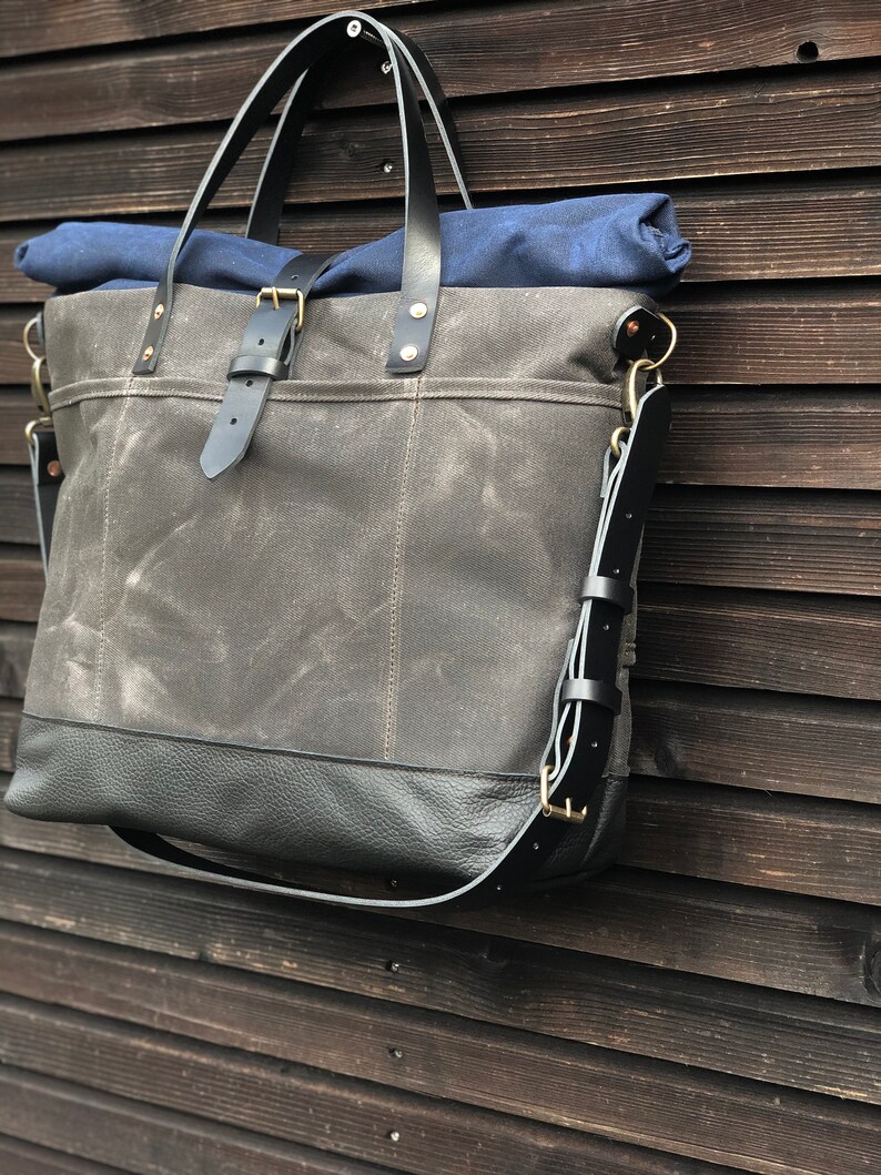 Waxed Canvas Roll Top Tote Bag / Office Bag With Luggage - Etsy