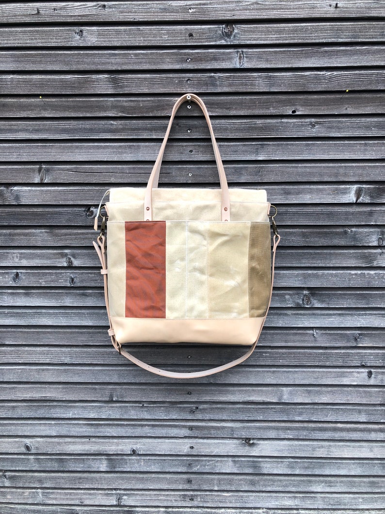 Diaper bag / Large tote bag in waxed canvas and leather with cross body strap COLLECTION UNISEX image 3