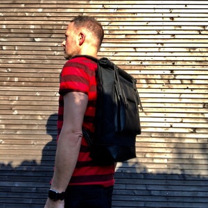 Black waxed canvas rucksack/backpack with roll top and leather bottem COLLECTION UNISEX image 5