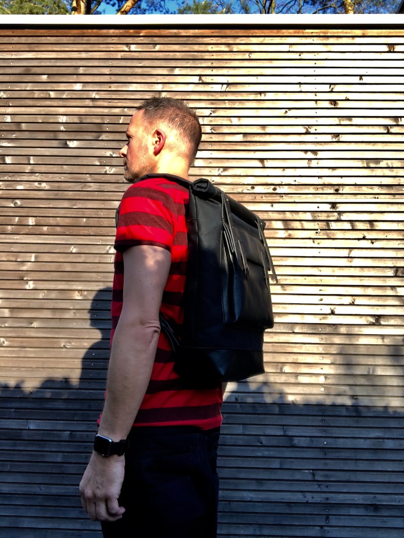 Black waxed canvas rucksack/backpack with roll top and leather bottem COLLECTION UNISEX image 5