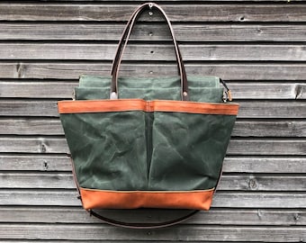 Waxed Canvas Diaper Bag: Leather Tote with Crossbody Strap