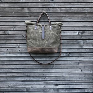 Waxed canvas roll top tote bag / office bag with luggage handle attachment leather handles and shoulder strap image 6