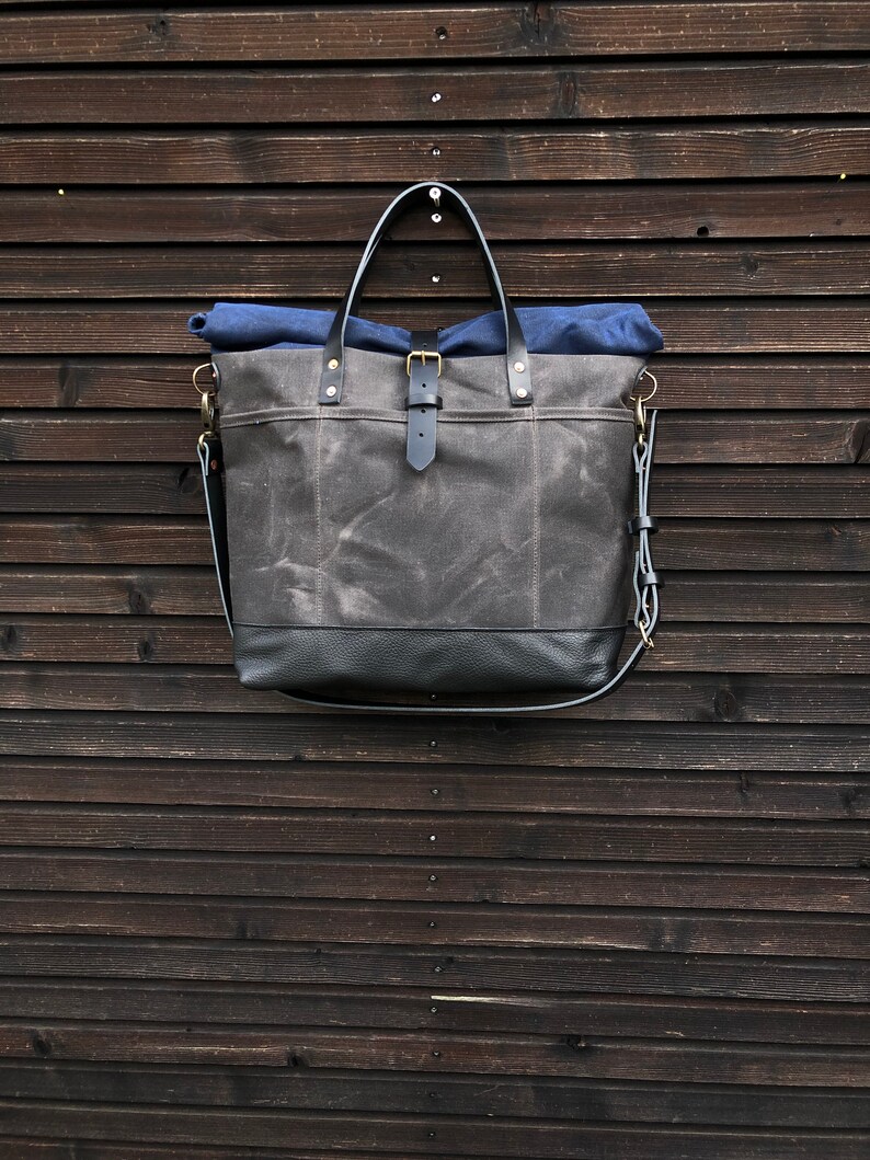 Waxed Canvas Roll Top Tote Bag / Office Bag With Luggage Etsy