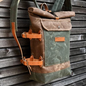 Waterproof waxed canvas backpack with detachable leather side straps and padded laptop compartment / padded shoulder straps image 3