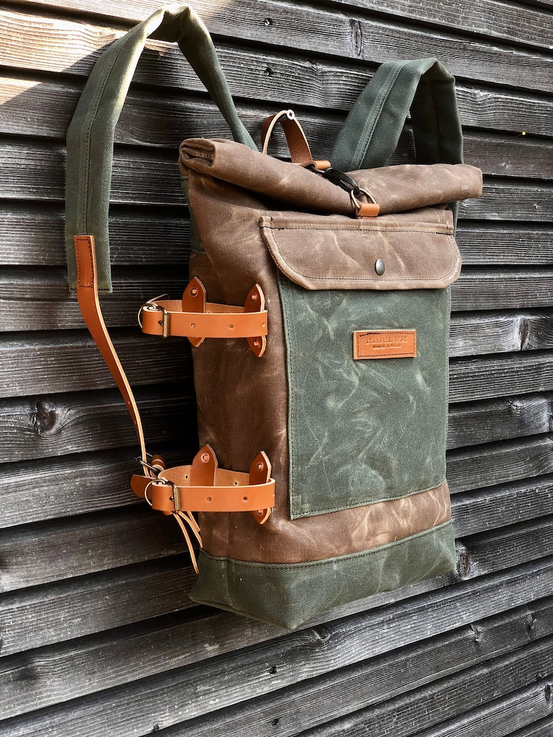 Waterproof waxed canvas backpack with detachable leather side straps and padded laptop compartment / padded shoulder straps image 3