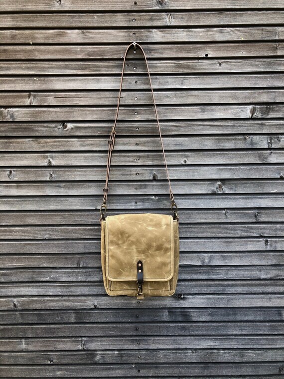 Messenger Bag in Waxed Canvas With Leather Adjustable Shoulder Etsy