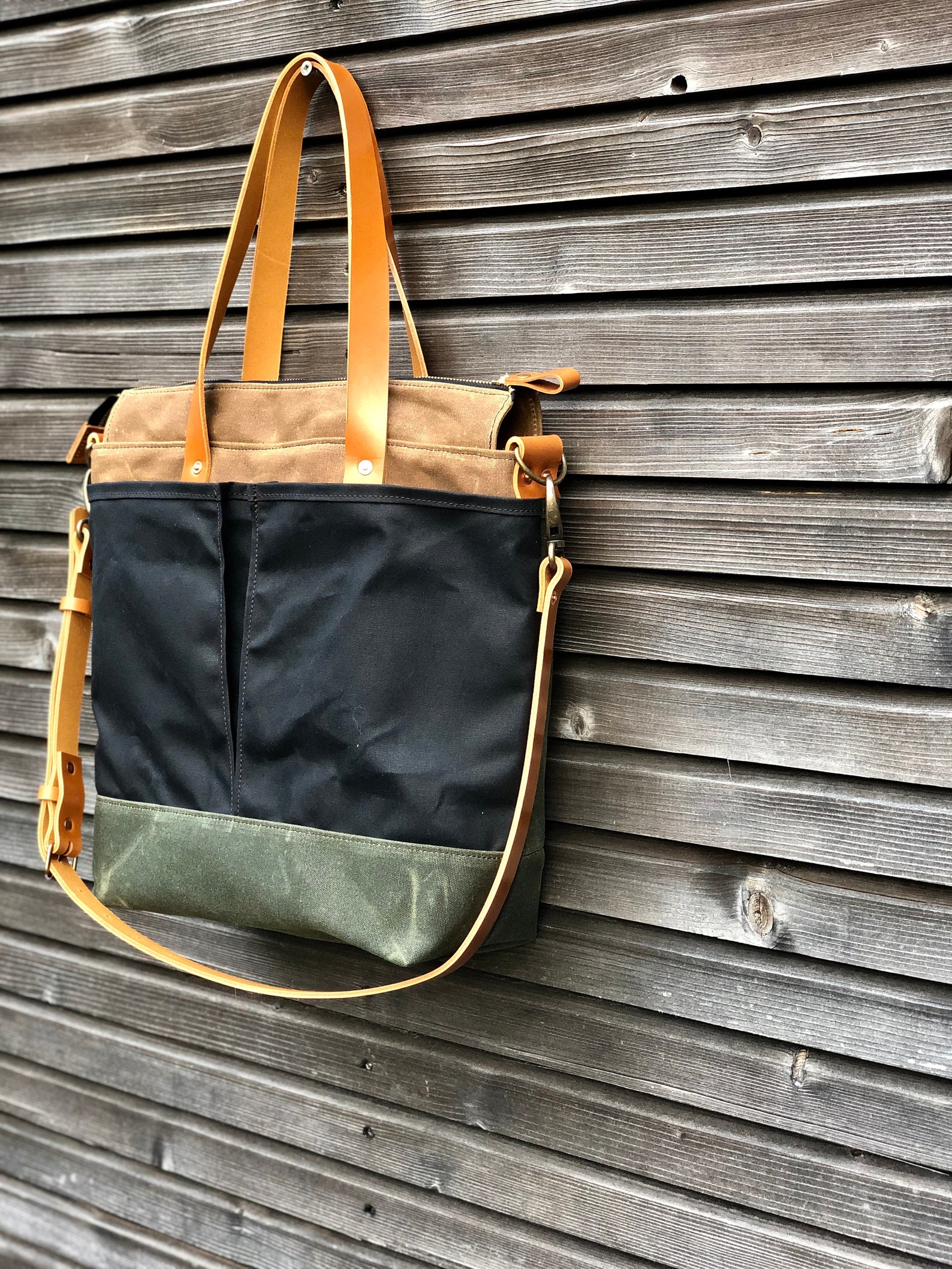 Waxed Canvas Tote Bag / Office Bag With Leather Handles and | Etsy