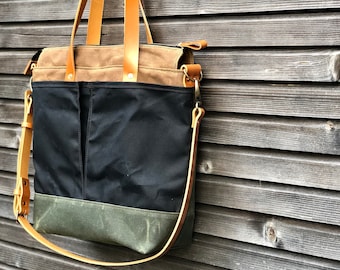 Gewachste Canvas Tasche / Bürotasche mit Lederhenkeln und Schulterriemen