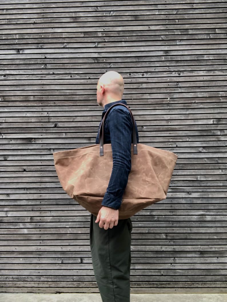 XXL Waxed Canvas Tote Bag With Leather Handles / Canvas Market Etsy