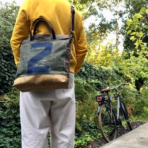 Large tote bag , large carryall bag in waxed canvas with leather cross body strap image 6