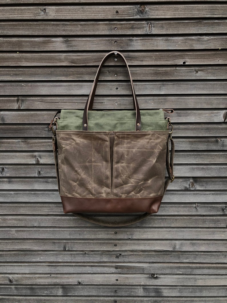 Diaper bag / Large tote bag in waxed canvas and leather with cross body strap COLLECTION UNISEX image 2