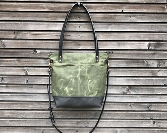 Olive Green Waxed Canvas Tote Bag: Leather Crossbody with Zipper